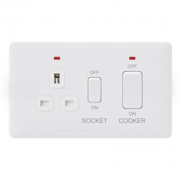 SL029MW Screwless 45A DP Cooker Switch with Neon and 13A Switched Socket in Matt White