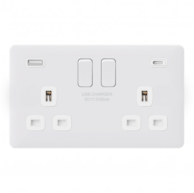 Dekken Switches and Sockets SL046MW Screwless Double Switched Socket with Dual USB Ports A+C (3.1A) in Matt White