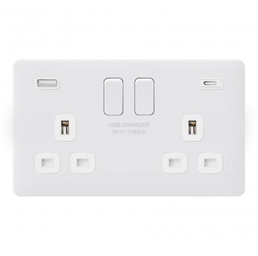 SL046MW Screwless Double Switched Socket with Dual USB Ports A+C (3.1A) in Matt White