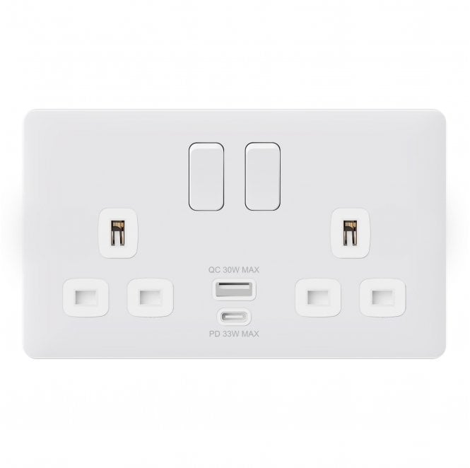 Dekken Switches and Sockets SL047MW Screwless Double Switched Socket with Dual USB Ports A+C (33W) in Matt White
