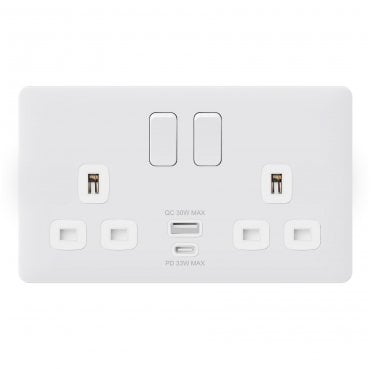 SL047MW Screwless Double Switched Socket with Dual USB Ports A+C (33W) in Matt White