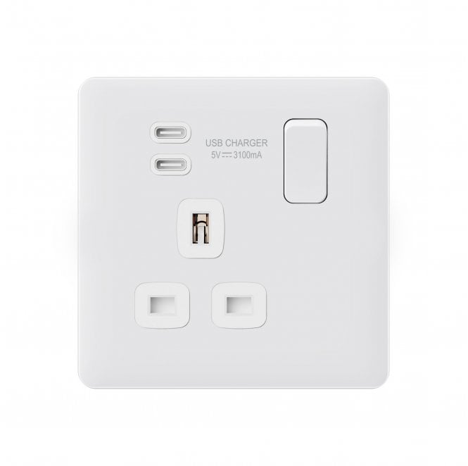 Dekken Switches and Sockets SL086MW Screwless Single Switched Socket with Dual USB-C (15.5w 3.1a) in Matt White