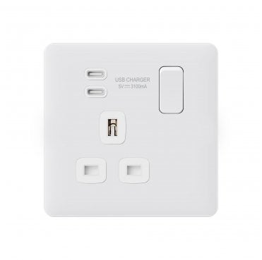 SL086MW Screwless Single Switched Socket with Dual USB-C (15.5w 3.1a) in Matt White