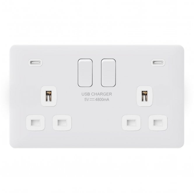 Dekken Switches and Sockets SL087MW Screwless Double Swithched Socket with Dual USB-C Ports C+C (24w 4.8a) in Matt White