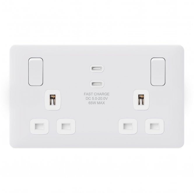 Dekken Switches and Sockets SL088MW Screwless Double Switched Socket with Dual USB Ports A+C (PD65W HYPERCHARGE) in Matt White