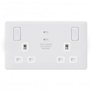SL088MW Screwless Double Switched Socket with Dual USB Ports A+C (PD65W HYPERCHARGE) in Matt White