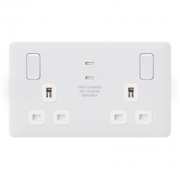 SL088MW Screwless Double Switched Socket with Dual USB Ports A+C (PD65W HYPERCHARGE) in Matt White