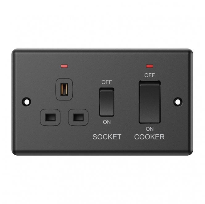 Dekken Switches and Sockets DY029MB Decorative 45A DP Cooker Switch with Neon and 13A Switched Socket in Matt Black