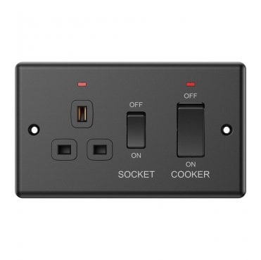 DY029MB Decorative 45A DP Cooker Switch with Neon and 13A Switched Socket in Matt Black