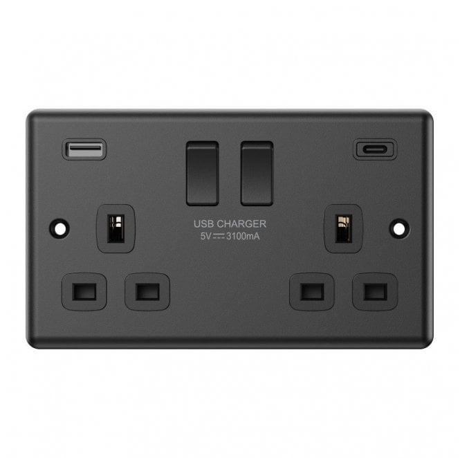 Dekken Switches and Sockets DY046MB Decorative Double Switched Socket with Dual USB Ports A+C (3.1A) in Matt Black