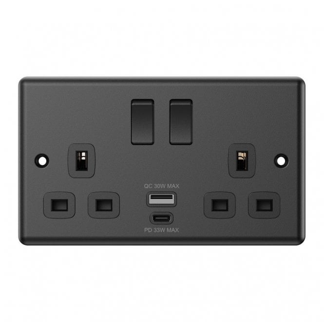 Dekken Switches and Sockets DY047MB Decorative Double Switched Socket with Dual USB Ports A+C (33W) in Matt Black
