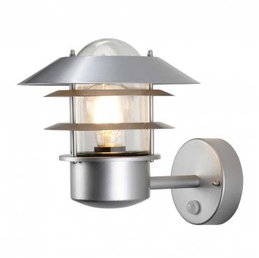 HELSINGOR-PIR Helsingor Outdoor IP44 1 Light PIR Wall Lantern in a Silver Finish