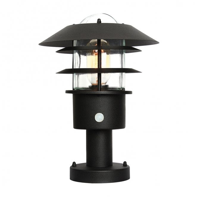 Elstead Lighting HELSINGOR-PIR-PED-BK Helsingor Outdoor IP44 1 Light PIR Pedestal Lantern in a Black Finish
