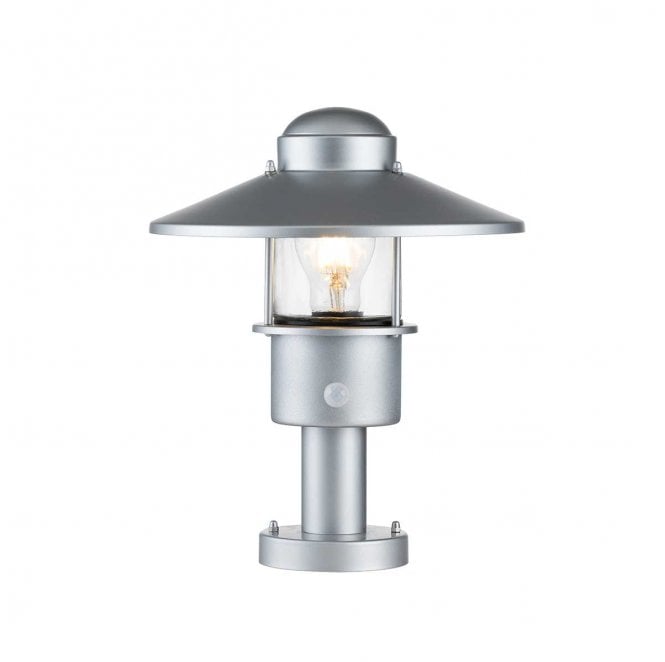 Elstead Lighting KLAMPENBORG-PED-PIR-SIL Klampenborg Outdoor IP44 1 Light Pedestal with PIR in a Silver Finish
