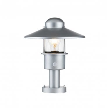 KLAMPENBORG-PED-PIR-SIL Klampenborg Outdoor IP44 1 Light Pedestal with PIR in a Silver Finish