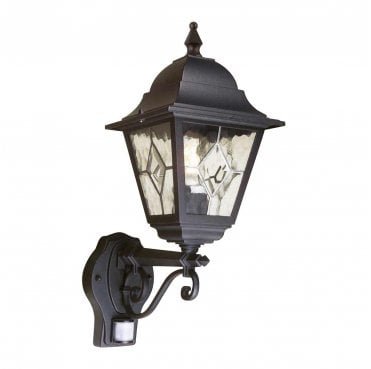 NR1-PIR-BLACK Norfolk Outdoor IP44 1 Light Up Wall Lantern with PIR in a Black Finish