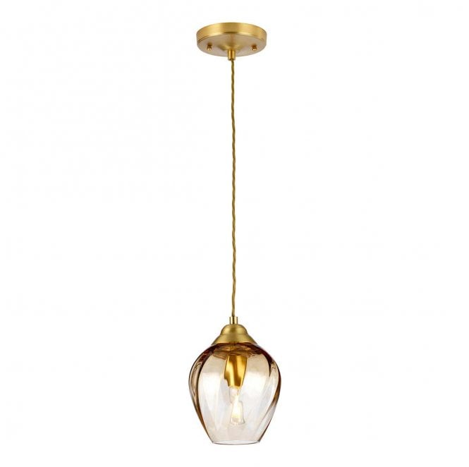 Elstead Lighting TIBER-P-AMBER Tiber 1 Light Pendant in a Brushed Brass Finish with an Amber Glass