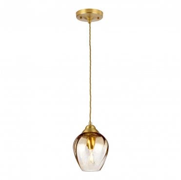 TIBER-P-AMBER Tiber 1 Light Pendant in a Brushed Brass Finish with an Amber Glass