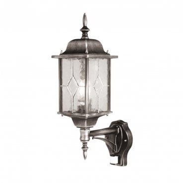 WX1-PIR Wexford Outdoor IP44 1 Light Up Wall Lantern with PIR in a Black and Silver Finish