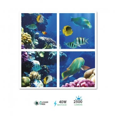 E803 Set of 4, 40w 595x595 LED Ceiling Panels with 2D Marine Ocean and Fish Design