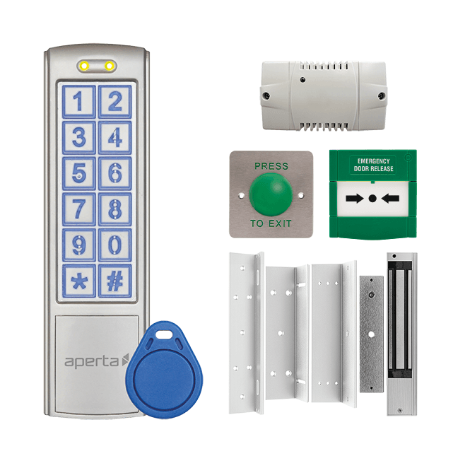 ESP EZT3KM Aperta Single Door Internal Keypad Kit with 1x EZTAG3 in Silver, EZT3ST10 Proximity Tags, 1x A1ML250, 1x EVBPSBB, 1x EVEXITM and 1x A1ECP