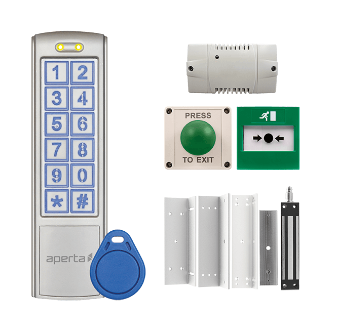 ESP EZT3KXT Aperta Single Door External Keypad Kit with 1x EZTAG3 in Silver, EZT3ST10 Proximity Tags, 1x A1ML300XT, 1x EVBPSBB, 1x EVEXITMIP55 and 1x EVEBGEXT2