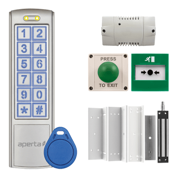 EZT3KXT Aperta Single Door External Keypad Kit with 1x EZTAG3 in Silver, EZT3ST10 Proximity Tags, 1x A1ML300XT, 1x EVBPSBB, 1x EVEXITMIP55 and 1x EVEBGEXT2