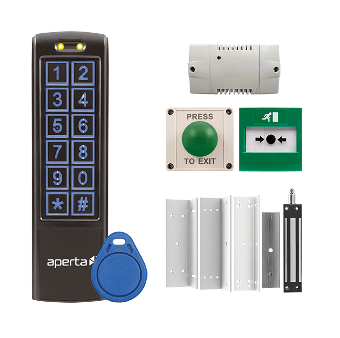 ESP EZT3KXTB Aperta Single Door External Keypad Kit with 1x EZTAG3B in Black, EZT3ST10 Proximity Tags, 1x A1ML300XT, 1x EVBPSBB, 1x EVEXITMIP55 and 1x EVEBGEXT2