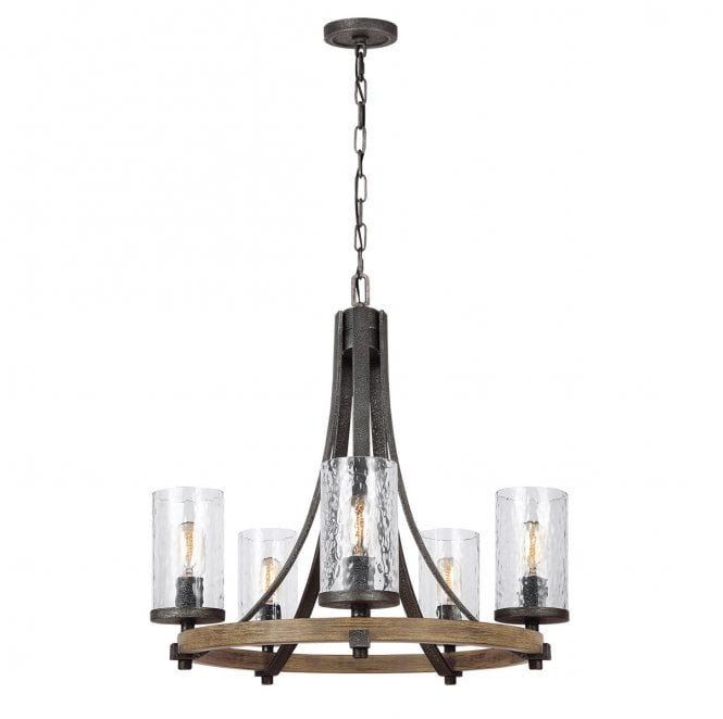 Feiss QN-ANGELO5 Angelo 5 Light Chandelier in a Distressed Weathered Oak and Slate Grey Metal Finish