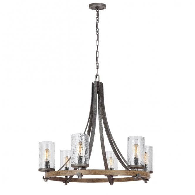 Feiss QN-ANGELO6 Angelo 6 Light Chandelier in a Distressed Weathered Oak and Slate Grey Metal Finish