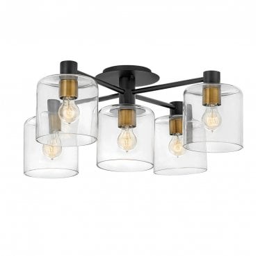QN-AXEL5-BK Axel 5 Light Semi-flush Mount in a Black and Heritage Brass Finish