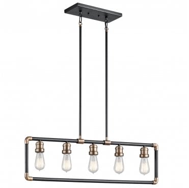 KL-IMAHN-ISLE Imahn 5 Light Linear Chandelier in a Black and Natural Brass Finish