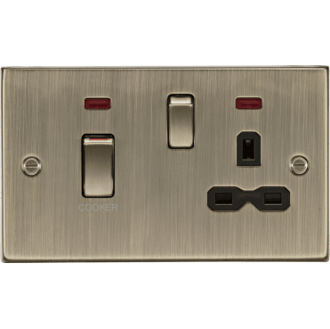 CS83MNAB Decorative 45A DP Cooker Switch & 13A Switched Socket with Neon in Antique Brass