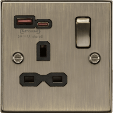 CS9919AB Decorative Single Switched Socket with Dual USB Fastcharge Ports in A+C (12V DC 1.5A MAX 18W) with Black Insert in Antique Brass