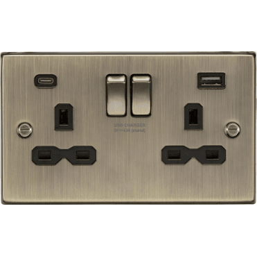 CS9940AB Decorative Double Switched Socket with Dual USB A+C (5V DC 4.0A) in Antique Brass