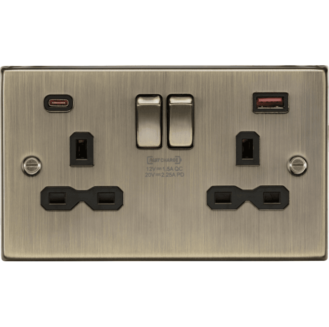Knightsbridge Switches and Sockets CS9945AB Decorative Double Switched Socket with Dual USB Charger Slots A+C FASTCHARGE In Antique Brass