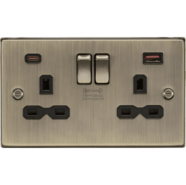 CS9945AB Decorative Double Switched Socket with Dual USB Charger Slots A+C FASTCHARGE In Antique Brass
