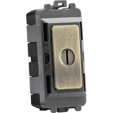GDM007AB 20A 2 Way Single Pole Key Module (marked EMG LTG TEST) in Antique Brass