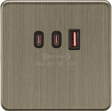 SF63WAB Screwless Single Triple USB Charger 2x USB-C x 1x USB-A (20V DC) in Antique Brass