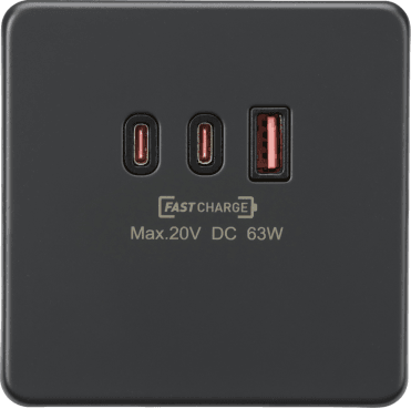 SF63WAT Screwless Single Triple USB Charger 2x USB-C x 1x USB-A (20V DC) in Anthracite