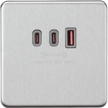 SF63WBCG Screwless Single Triple USB Charger 2x USB-C x 1x USB-A (20V DC) with Grey Insert in Brushed Chrome
