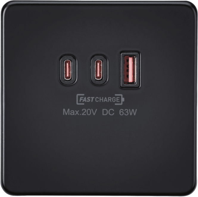 Knightsbridge Switches and Sockets SF63WMB Screwless Single Triple USB Charger 2x USB-C x 1x USB-A (20V DC) in Matt Black