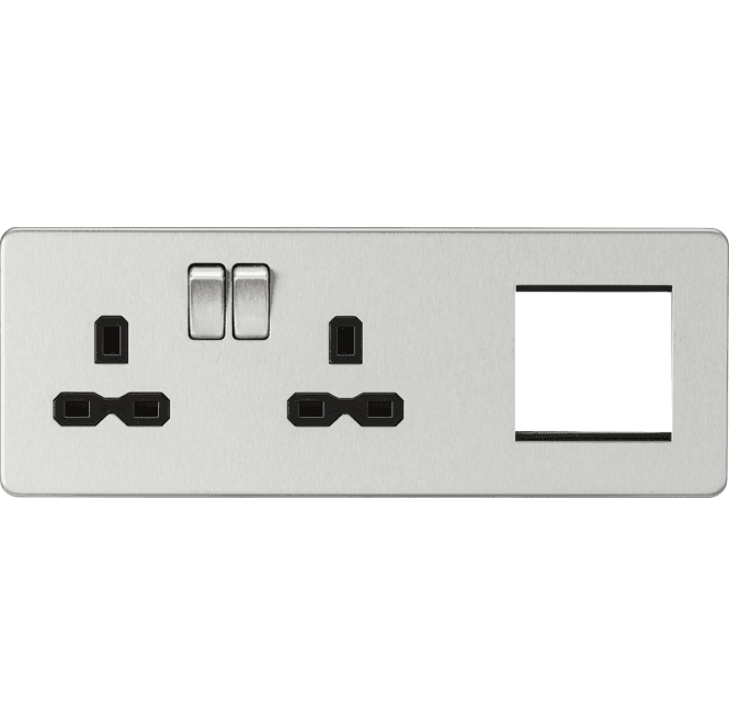 Knightsbridge Switches and Sockets SFR192LBC Screwless Double Switched Socket with Black Inserts and a 2G Modular Combination Plate in Brushed Chrome