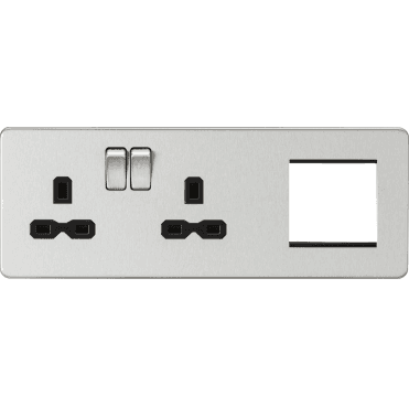 SFR192LBC Screwless Double Switched Socket with Black Inserts and a 2G Modular Combination Plate in Brushed Chrome