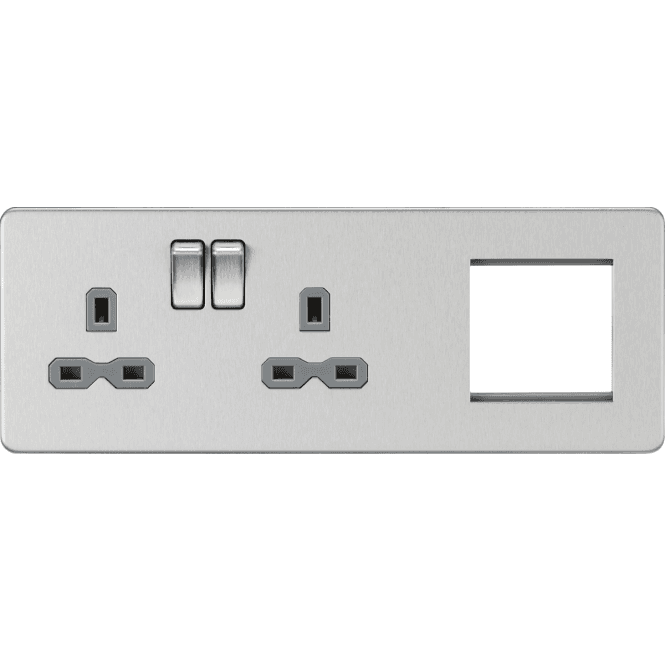 Knightsbridge Switches and Sockets SFR192LBCG Screwless Double Switched Socket with Grey Inserts and a 2G Modular Combination Plate in Brushed Chrome