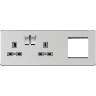 SFR192LBCG Screwless Double Switched Socket with Grey Inserts and a 2G Modular Combination Plate in Brushed Chrome