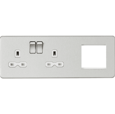 SFR192LBCW Screwless Double Switched Socket with White Inserts and a 2G Modular Combination Plate in Brushed Chrome