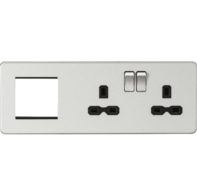 Knightsbridge Switches and Sockets SFR192RBC Screwless Double Switched Socket with Black Inserts and a 2G Modular Combination Plate in Brushed Chrome
