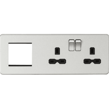 SFR192RBC Screwless Double Switched Socket with Black Inserts and a 2G Modular Combination Plate in Brushed Chrome