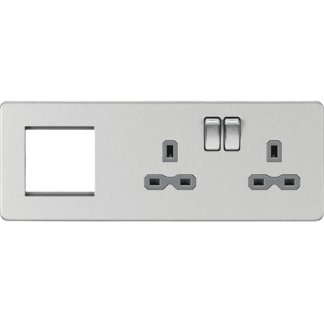 Knightsbridge Switches and Sockets SFR192RBCG Screwless Double Switched Socket with Grey Inserts and a 2G Modular Combination Plate in Brushed Chrome